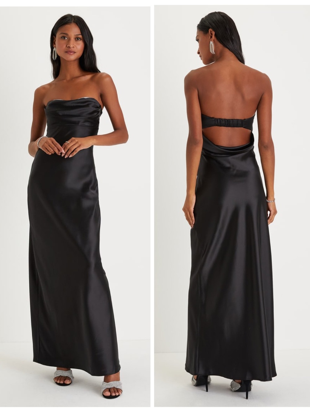 Lulus Exquisite Shine Black Satin Rhinestone Strapless Maxi Dress Size Small NWT